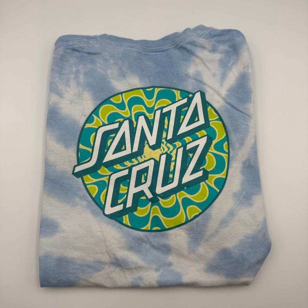 Santa Cruz skateboarding shirt blue tie dye green logo. fits like a small